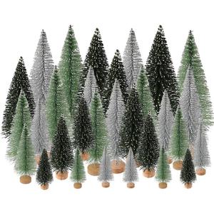 Yahpetes Christmas Tree 30 Pcs Artificial Christmas Trees Bottle Brush Trees with 5 Sizes, Sisal Snow Trees with Wooden Base for Christmas Crafting and Designing(Silver,Green,Dark Green, 30Pcs)