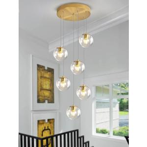 ykolupty 6-Light LED Staircase Modern Glass Globe Pendant Light Gold Chandeliers Large Chandeliers for High Ceilings, Entryway Lighting Fixture Villas and Stairs