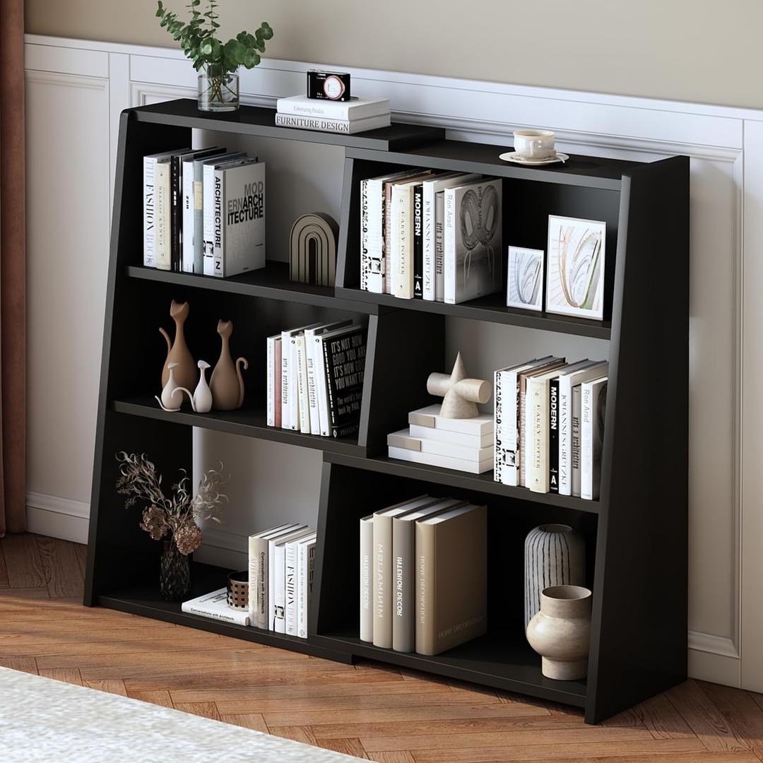 IOTXY Wooden Extendable Shelf Bookcase - 3-Tier Ladder Low Short Bookshelf for Small Space or Corner, Black, S