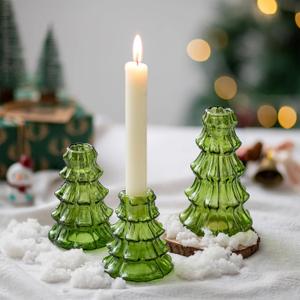 Hewory Christmas Tree Candle Holder: 3 Pcs Green Glass Candlestick Holders Indoor Christmas Decorations, Decorative Taper Candle Holders for Table Centerpiece Dinner Gathering Party Home Decor