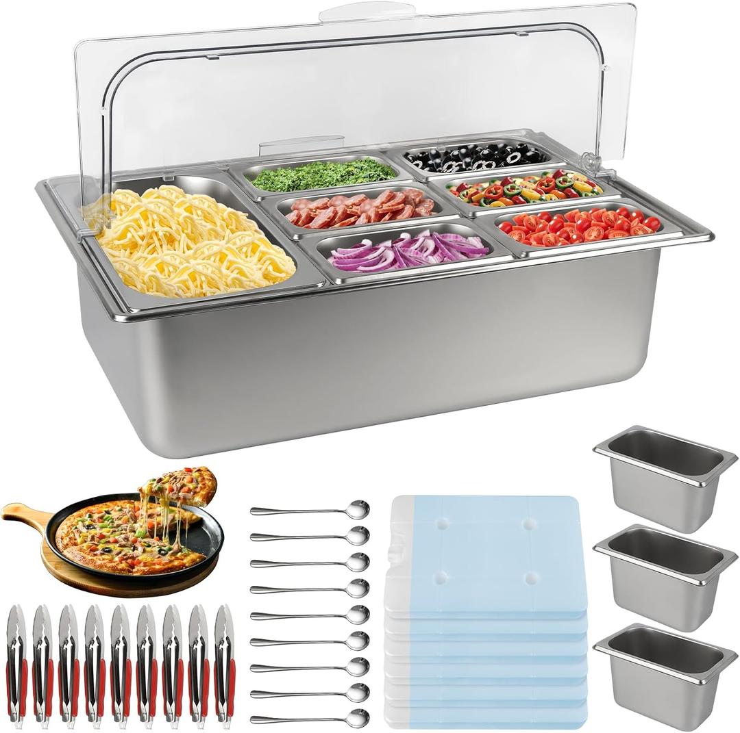 Pizza Topping Station 9 Pans Stainless Steel Salad Bar for Home
Salsa Bar Buffet Station with Spoons Ice Boxes Buffet Containers Set for Home Sauce Jam Ingredient Kitchen Restaurant