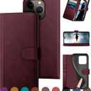 DuckSky Compatible with iPhone 16 Pro 6.3" Genuine Leather Wallet caseRFID Blocking4 Credit Card HolderReal Leather Flip Folio Book Phone case Cover Women Men for Apple 16 Pro case Wine Red