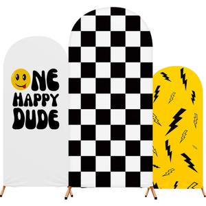 RimCereal One Happy Dude Theme Birthday Decoration, Set of 3 One Happy Dude Theme Arch Cover Stretch Spandex Fitted Wedding Arch Stand Covers, 4ft, 5ft, 6ft(White, Yellow, Black-white,Mixed Style)