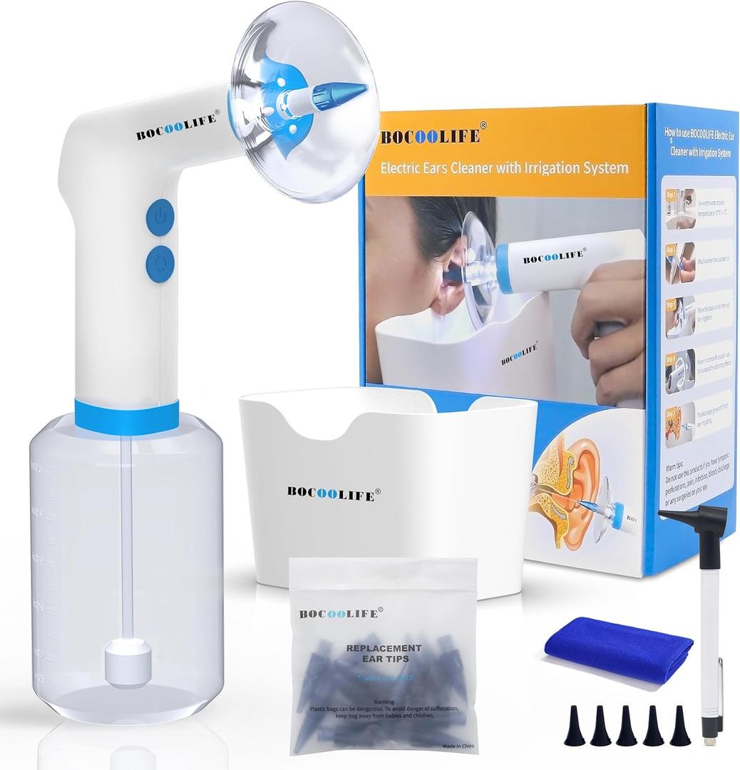 BOCOOLIFE Electric Ear Wax Removal Kit – Water Flushing Irrigation System Ears Flush Cleaner Powered with 4 Pressure Settings, Safe & Effective Ear Cleaning Kit, Includes 30 Tips, Basin