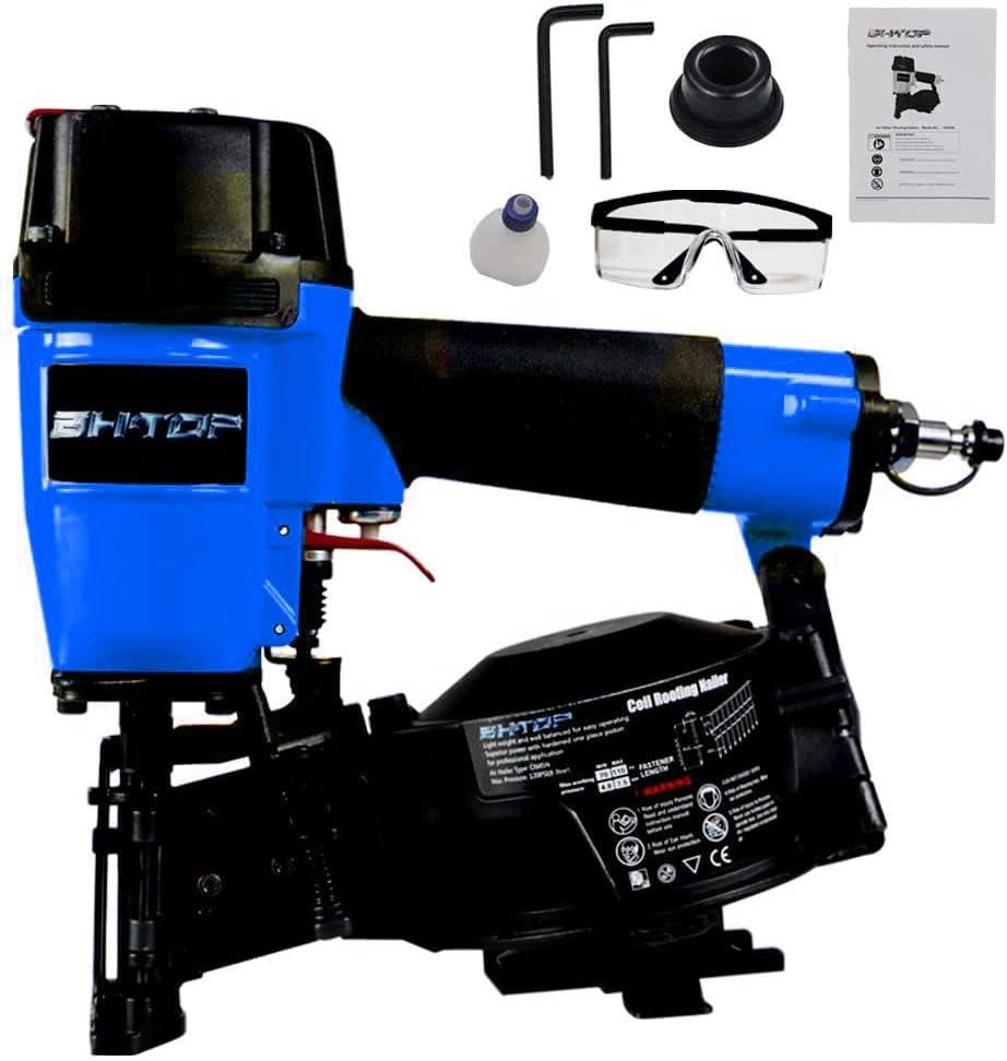 BHTOP CN45N Roofing Nailer, 15 Degree Roofing Nail Gun, 3/4-Inch to 1-3/4-Inch Coil Nails, 120-pcs Load Capacity Coil Nailer in Blue