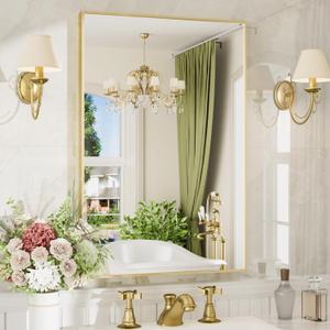 24"x36" Gold Rectangle Bathroom Mirror for Over Sink, Wall Mounted | Tempered Glass, Clear HD Reflection, Moisture-Resistant Aluminum Frame, Hangs Vertically or Horizontally for Bathroom Vanity