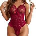 Avidlove One Piece Lingerie Sexy Teddy Ruffle V Neck Bodysuit Lace Nightie Wine Red M