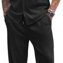 COOFANDY Men's 2 Piece Outfit Casual Short Sleeve Button Down Shirt Beach Summer Loose Pant Sets (Large, Black)