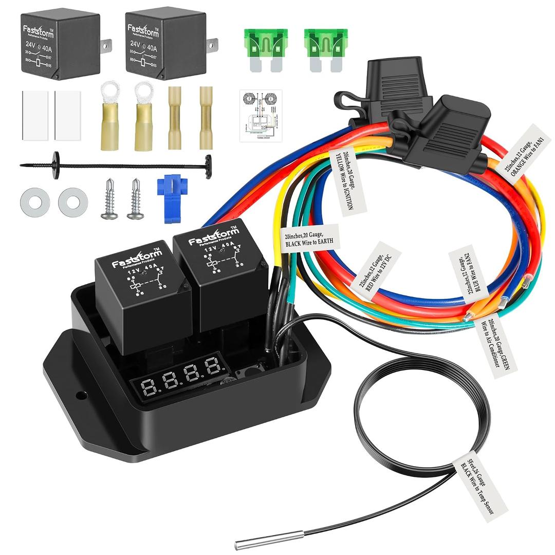 Digital Radiator Fan Switch Kit 12V/24V, Adjustable 104F-230F w/Dual Electric Fan Switch Kit Replace #0444, Dual Fan Control, IP54