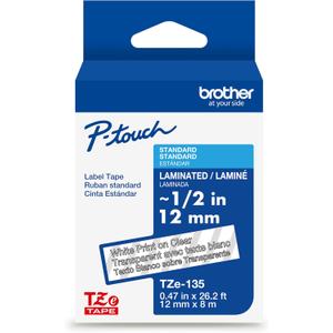 Brother TZe135 Laminated Tape, 1/2 Inch, White on Clear