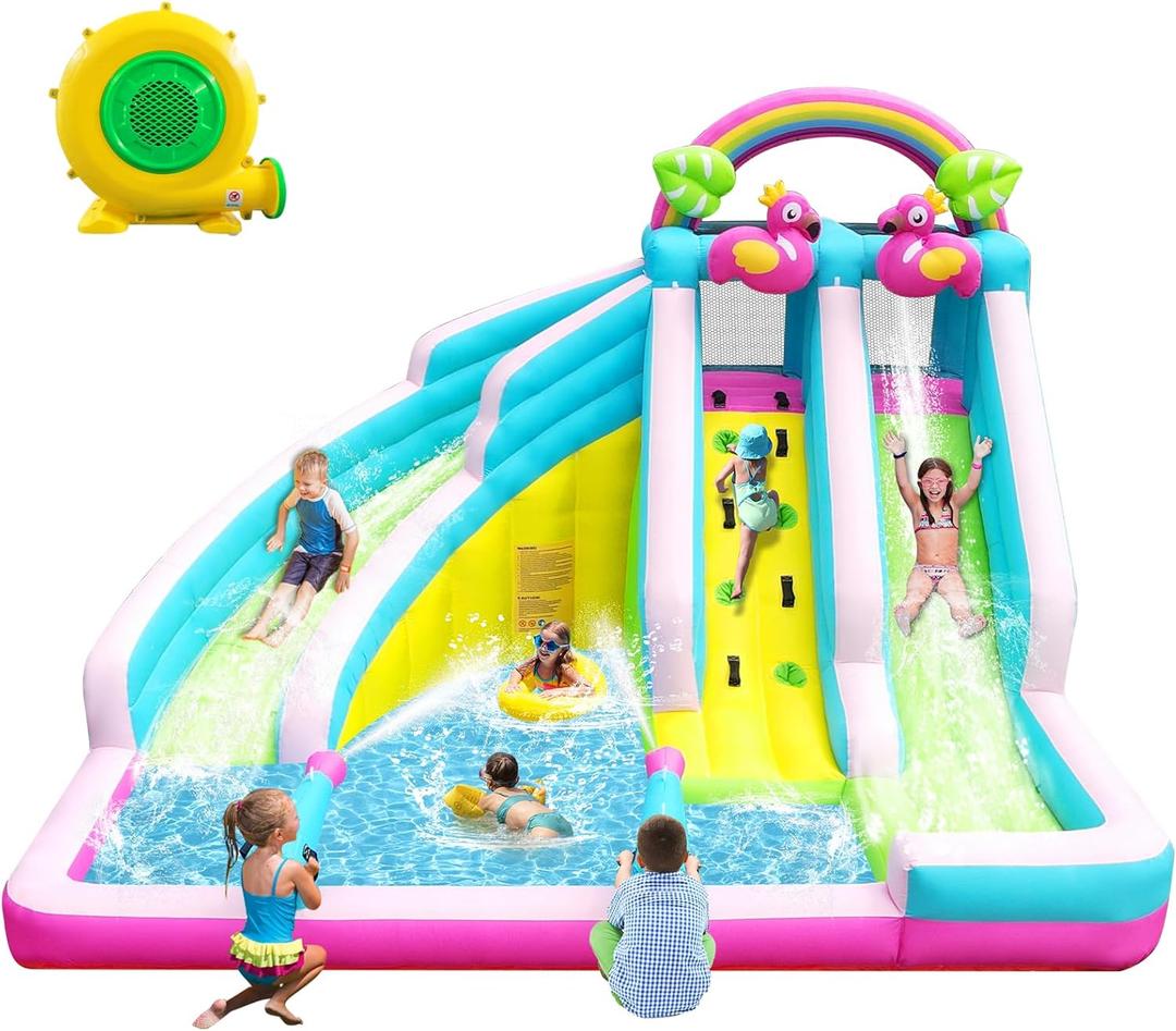 Inflatable Water Slide, 6 in 1 Blow Up Water Park Aged 3-10, Flamingo Style Water Bounce House with Double Long Slides, Splash Pool, 580W Blower Waterslide for Kids and Adults Backyard
