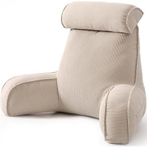 Reading Pillow for Sitting Up in Bed, Corduroy Backrest Pillow with Arms, Side Pocket & Washable Cover, Bed Rest Pillow Back Support for Adults, Beige Gray, Large