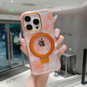 XIZYO Magnetic for iPhone 13 Pro Max Case Floral Flower Cute [Compatible with MagSafe] Magnetic Ring Stand Clear Rose Women Girly Kickstand Shookproof Case 6.7 Inch-Orange