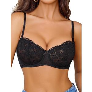 Avidlove Women's Sexy Lace Bra Sheer Balconette Underwire Unlined Everyday Bras Lingerie (Medium, Black)