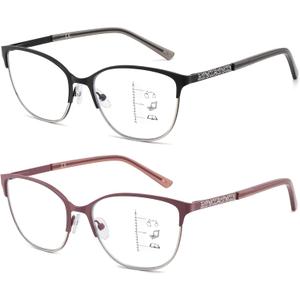 Progressive Multifocal Reading Glasses Women Cat Eye No Line Multifocus Transition Blue Light Reader Lady Metal Frame (Black & Pink)