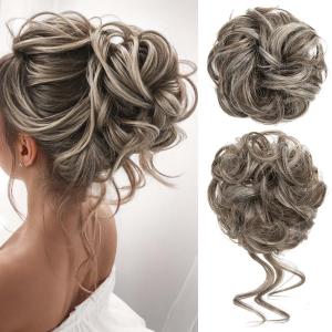 CJL HAIR 2PCS Messy Bun Hair Pieces Wavy Curly Synthetic Updo Chignon Fake Scrunchies Ponytail Extension for Women Ash Grey