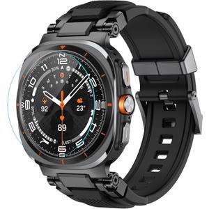 amBand for Samsung Galaxy Watch Ultra (2024) Bands for Men, Metal Connector Rugged Strap for Galaxy Watch 7 Ultra 47mm, Sport Accessories with 9H Tempered Glass Screen Protector - Black/Black