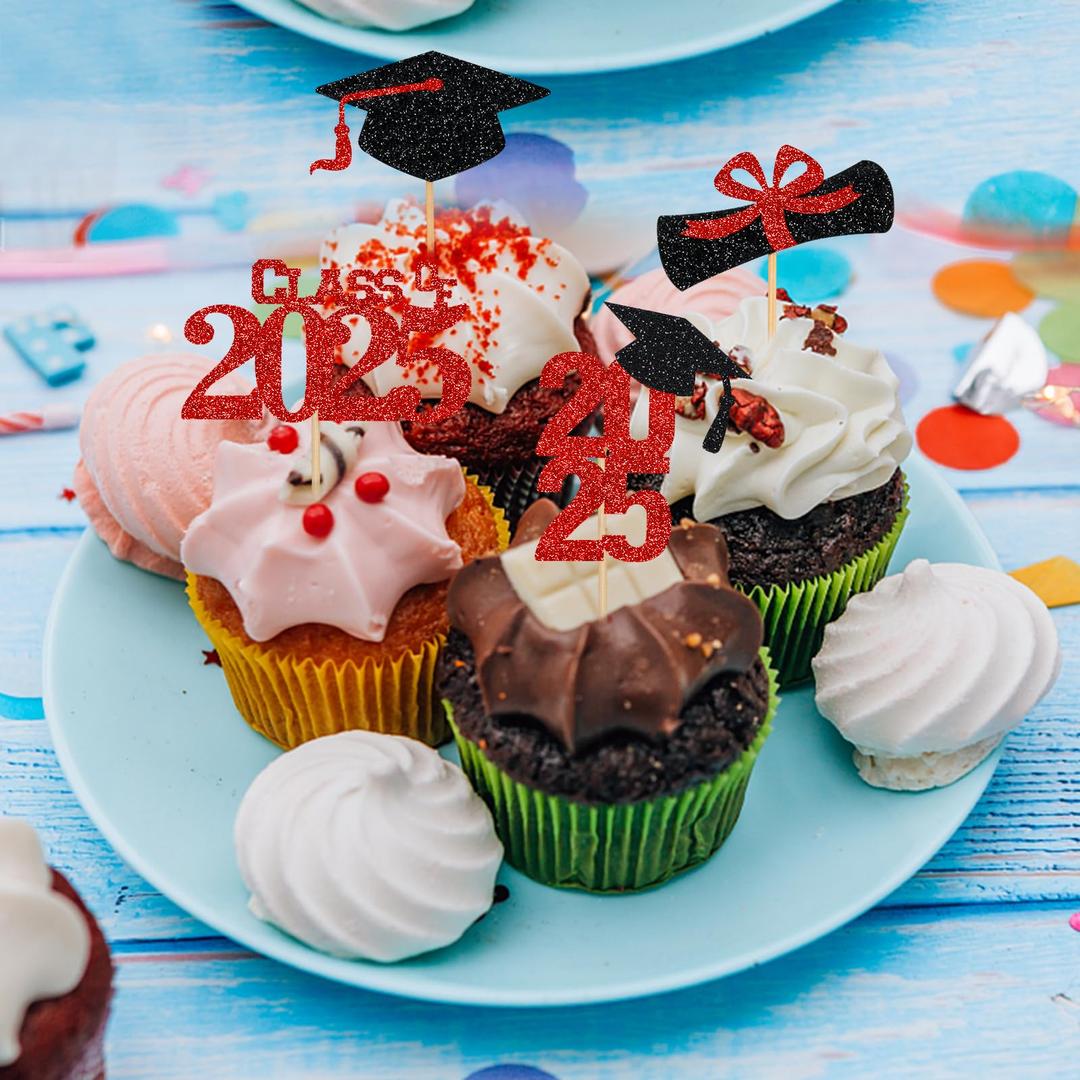 Ercadio 9Pack 2025 Graduation Toppers Glitter Glitter Class of 2025 Grad Cap Cupake Picks Decorations for 2025 Graduation Theme Party Supplies Red