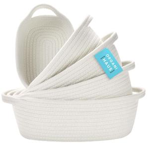 OrganiHaus Set of 5 White Rectangle Storage Baskets for Organizing, Small Woven Baskets for Storage Baskets for Bathroom, Nursery Storage Basket for Baby Nursery Organization, Small Organizer Bins