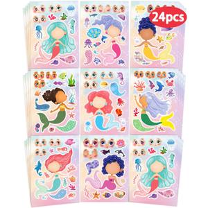 24 Pcs Make Your Own Mermaid Sticker Sheets for Kids with Mermaid Face Stickers for Toddlers Girls Crafts Activities Gift Bag Stuffers Birthday Party Valentines Day Gifts for Kids Classroom