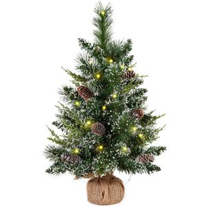 deeinglif 2ft Mini Christmas Trees 24" with LED Lights and Pine,Tabletop Branches Cones and Cloth Bag Base Home Party Dining Room Window Decoration for Christmas