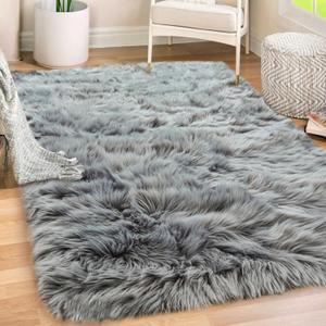 Gorilla Grip Fluffy Faux Fur Rug, 4x6, Machine Washable Soft Furry Area Rugs, Rubber Backing, Plush Floor Carpets for Baby Nursery, Bedroom, Living Room Shag Carpet, Luxury Home Decor, Gray (4 x 6 Feet, Grey)