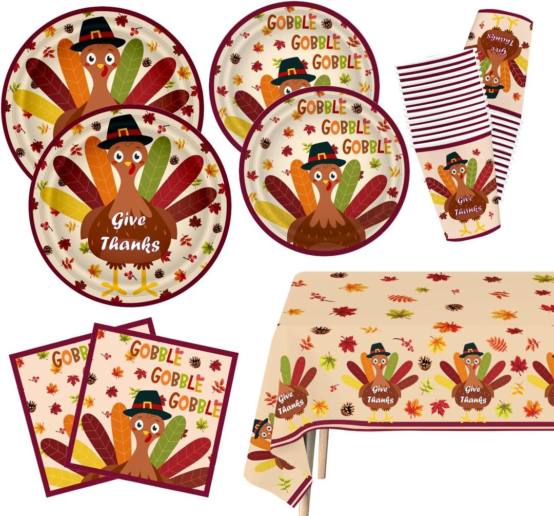 Turkey Thanksgiving Party Supplies Kit Thanksgiving Disposable Dinnerware Includes Paper Dinner Plates Dessert Plates Napkins Cups and Tablecloth for Fall party Decorations