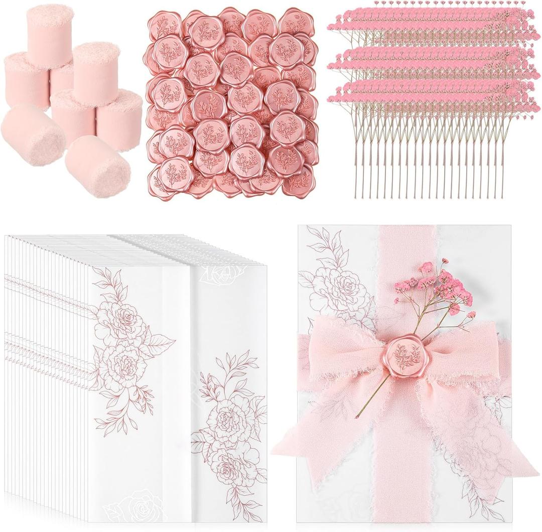 Fullhawl 50 Sets Wedding Invitations Wraps Set Rose Gold Foil Pre Folded Vellum Jackets for 5 x 7 Invitations Pink Dried Flowers Wax Seal Stickers Chiffon Silk Ribbon for Craft DIY