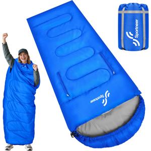 Sportneer Wearable Sleeping Bag for Adults & Kids  Walkable with Arm Zippers, Warm Weather & Cold Waterproof, Compact for Camping, Stadiums, Travel, Backpacking & Car Use (87''Long 32-65, Blue)