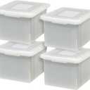 IRIS USA File Box with Lid, File Storage Box for Letter Size Documents, Portable Plastic File Box, Stackable Nestable Organizer, 35 Qt, 4 Pack, Pearl