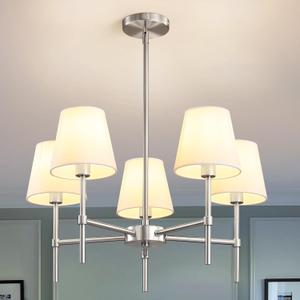 RUIYEY Dining Room Chandeliers Light - 5-Light Gold Modern Chandeliers Light Fixtures with White Fabric Shade, Height Adjustable Pendant Island Light for Entryway Farmhouse