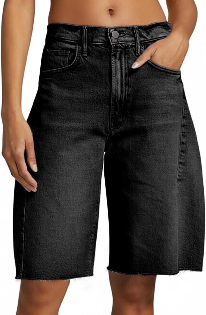 Cicy Bell Womens Summer High Waisted Jeans Shorts Casual Wide Leg Bermuda Jorts Baggy Denim Shorts with Pockets (2, Black)