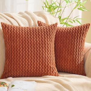 GAWAMAY Decorative Throw Pillow Covers 20x20 Inch Set of 2 for Living Room Couch Bed Sofa, Farmhouse Square Cushion Cover Soft Striped Corduroy Pillow Cases Boho Accent Home Decor (50x50cm) Rust
