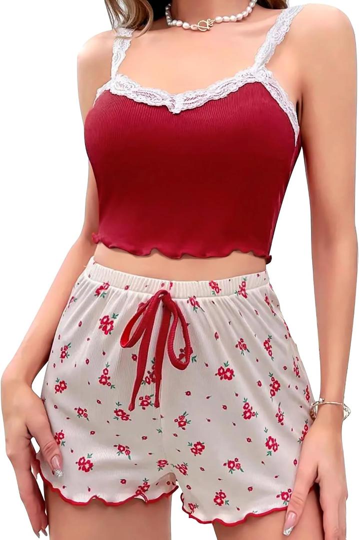 Girece Sexy Pajama Set for Women 2 Piece lounge Set Floral Cami and Shorts Lingerie Set Cute Pjs Lace Trim Sleepwear (XL)
