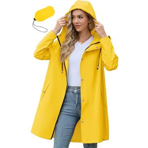 Zando Long Packable Rain Jacket Women Waterproof - Raincoat for Women Rain Coat with Hood Lightweight Outdoor Windbreaker (Yellow)