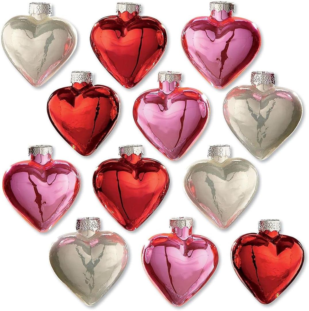 Lillian Vernon Shiny Glass Hearts Valentines Ornaments - 12 Piece Set, Blown Glass, Handcrafted Hanging Tree Decorations, Valentine's Day Holiday & Party Decor, 2" Tall Heart, Red, White & Pink