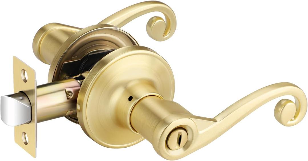 1 Pack Gold Door Handle, Wave Style Privacy Door Lever(Thumb Turn Inside Lock) for Bedroom Bathroom, Keyless Interior Lever with Satin Brass Finish, Right Handing