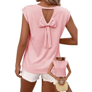 Falechay Women Blouses Womens Summer Tops Cute Going Out Round Neck Outfit Casual Chiffon Short Cap Sleeve Clothes Sexy Ladies Babydoll Shirts 2026 Trendy Women Blouse Bow Tie Plus Size Top Pink XL