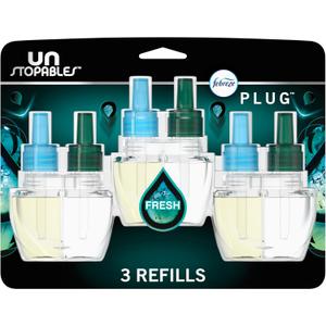 Febreze Plug-in Air Freshener, Odor-Fighting Scented Oil Refill, Air Fresheners for Home, Bathroom and Kitchen, Long Lasting, Unstopables Fresh Scent, 0.87oz Refills, Multi Color, 3 Count
