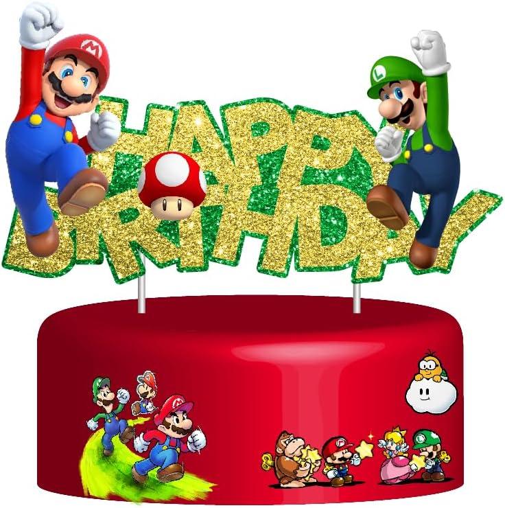 10 x Gold Glitter Mario Cake Topper, Happy Birthday Cake Toppers, Birthday Party and Movie Themed Party Supplies., 7.2 x 4 inches