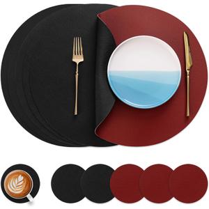 Myir JUN Round Placemats Set of 6 Faux Leather Place Mats and Coasters 15 inch Round Table Mats Dual Sided Non-Slip Stain Resistant Placemats (Red & Black, Set of 6)
