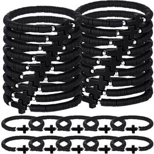 Landical 30/50 Pcs Cross Bracelets Bulk Jesus Bracelets Handmade Elastic Colorful Polymer Clay Bead Religious Wristbands Christian Wristband for Women Kid Easter Valentine Gifts (Black)