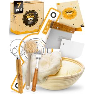 CRUSTLOVE Sourdough Kit inkl. 7 different Bread Making Tools like a 9 inches Sour dough Banneton Bread Proofing Basket - Bread Making Kit, Banneton-Basket, Sourdough-Starter-Kit-Supplies, Baking-Kit (Benneton Set)