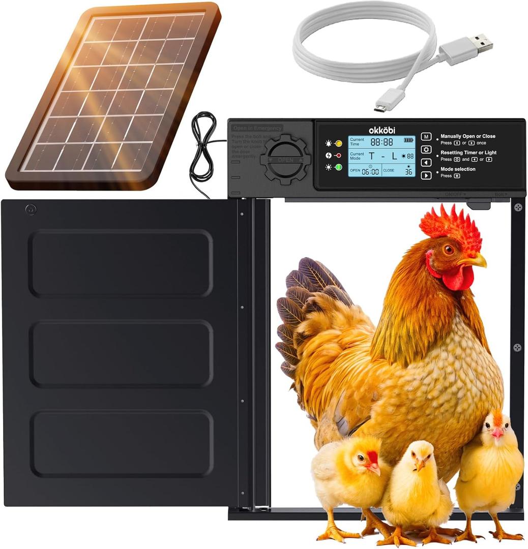 Automatic Chicken Coop Door PRO - Solar Powered with LCD Display - Light Sensor & Timer - Anti-Pinch Function - Wide Opening - New Model - 5 Year Protection (Black)