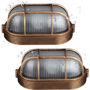 2-Pack Outdoor Oval Wall Lights, 8.3"Nautical Bulkhead Sconce, Flush Mount for Wall or Ceiling, Aluminum with Frosted Glass, Vandal Resistant Security Light E26 Base, Waterproof Garage, Terrace, Sauna (Bronze)