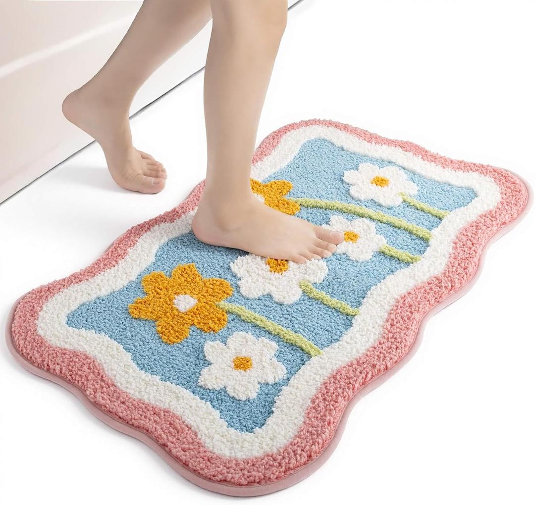 Soft Floral Bathroom Rugs Cute Bath Mat Absorbent Long-Lasting, Microfiber for Shower, Tub, Floor, Bathroom,Sink,Non-Slip Colorful and Flowers Decor Trendy Machine Washable Bath Mats,16x24 in