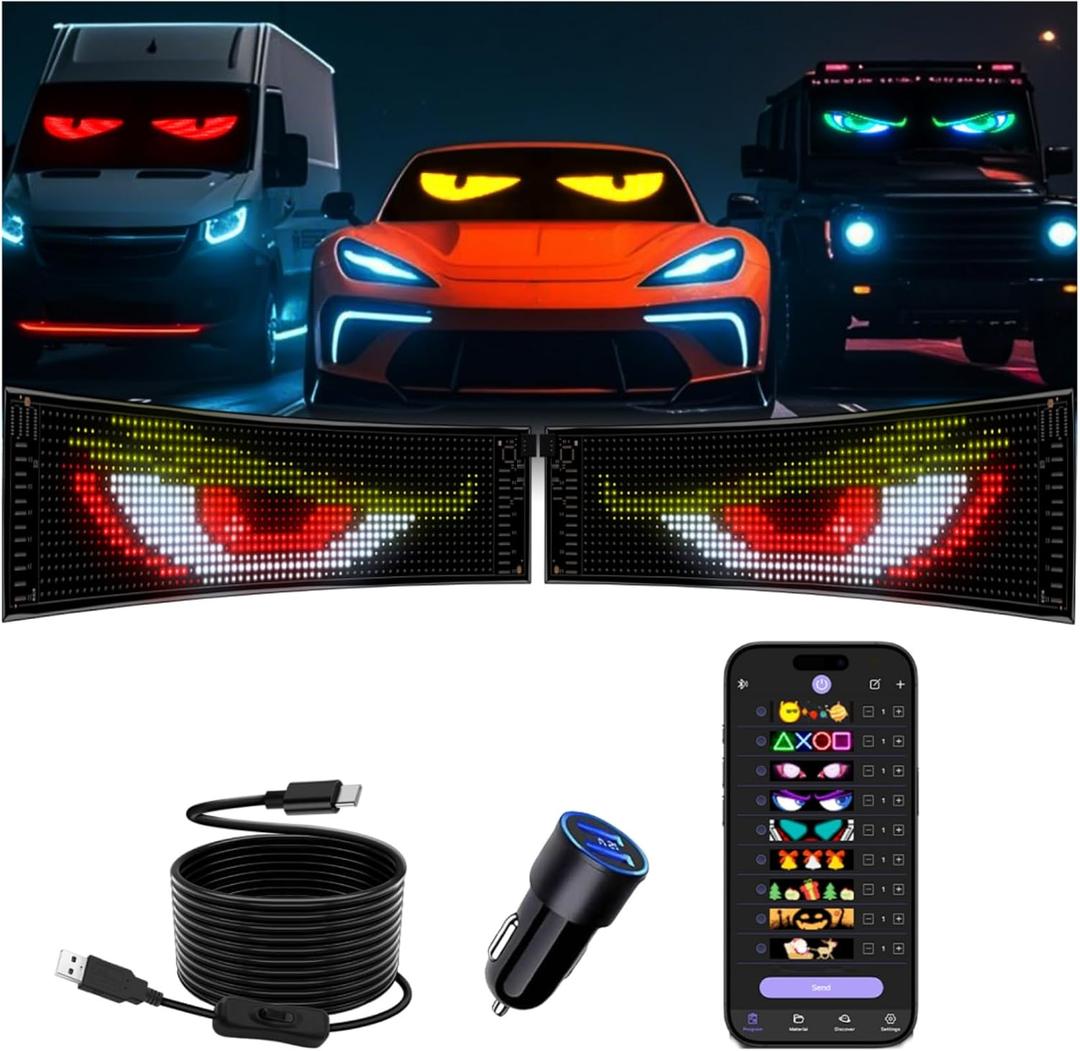 Multifunctional Bright 2PCS Devil Eyes for Cars Windshield - 19x5in [Upgraded Chip 100% Synchronized] Programmable Flexible LED Matrix Display - Custom Text Car Window Sign for Auto SUVs Trucks