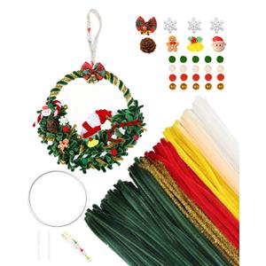 5 x Pipe Cleaners Craft 115pcs, Christmas Pipe Cleaners Bulk for DIY 8 inches Christmas Wreath, Chenille Craft Making Kit for Making Wreath with Cute Accessories, Manual Decoration for Door, Wall, Window