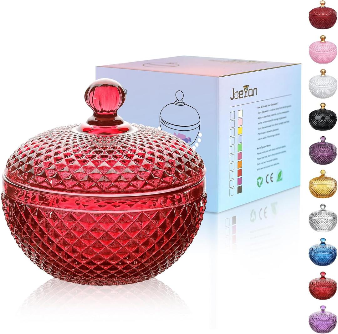 Joeyan 12 oz Small Red Glass Jewelry Box Jars with Lid,Embossed Glass Candy Dishes,Diamond Faceted Food Container,Decorative Apothecary Canisters,Colored Kitchen Bathroom Buffet Storage Organizer