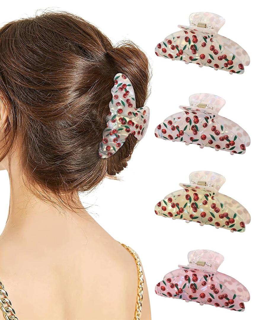 4 PCS Acrylic Hair Claw Clips for Women - Large Strong Hold Claw Clips Cute Non-slip Hair Clips for Thick Thin Hair (Big Cherry)